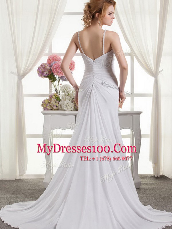Decent Spaghetti Straps Sleeveless Brush Train Zipper Wedding Gowns White Chiffon