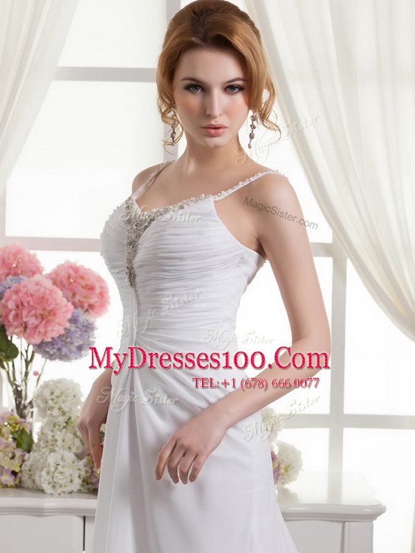 Decent Spaghetti Straps Sleeveless Brush Train Zipper Wedding Gowns White Chiffon