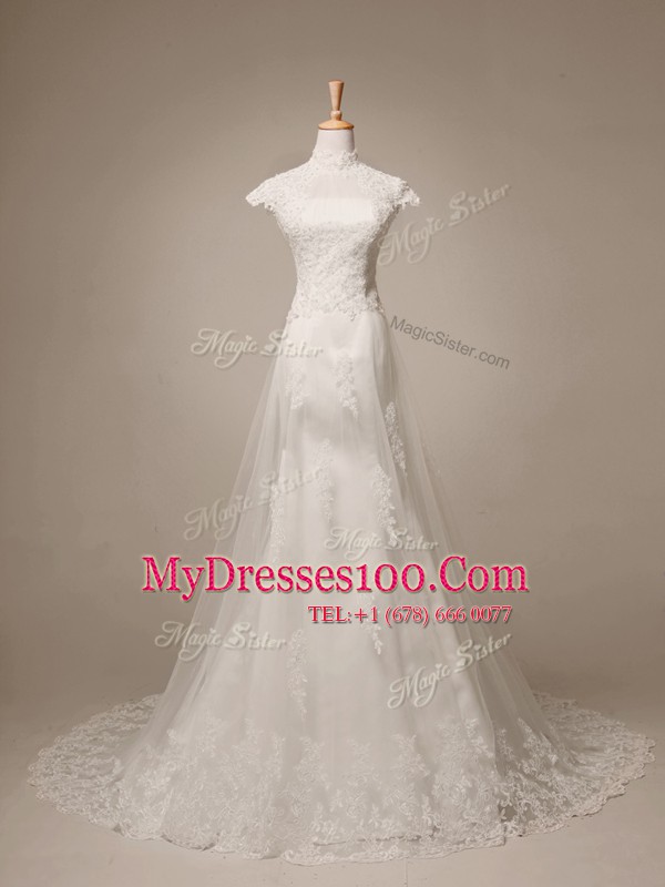 Designer With Train Clasp Handle Bridal Gown White for Wedding Party with Beading and Lace and Appliques Brush Train