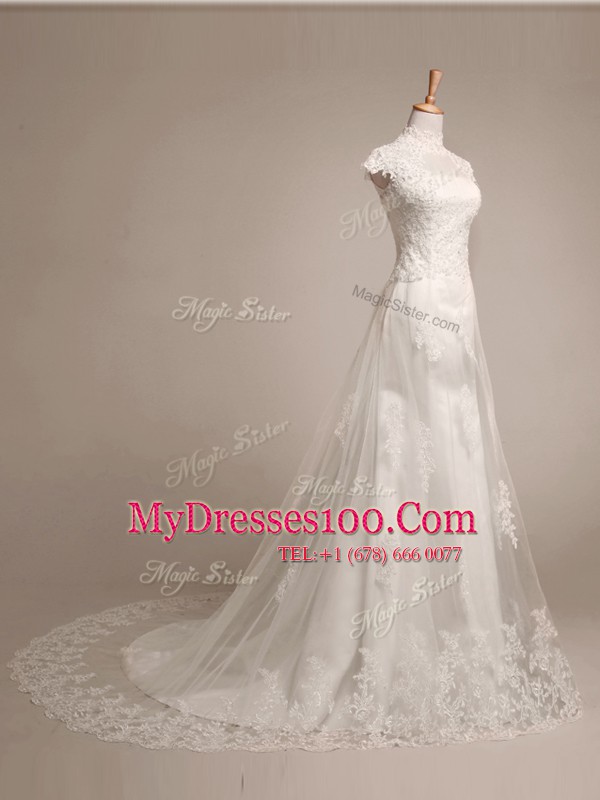 Designer With Train Clasp Handle Bridal Gown White for Wedding Party with Beading and Lace and Appliques Brush Train