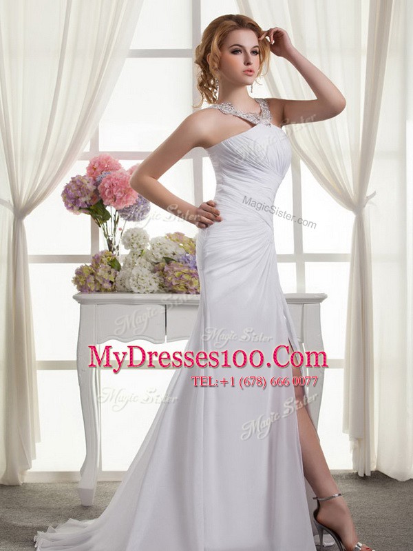 Low Price Straps Sleeveless Wedding Dress Court Train Ruching White Chiffon