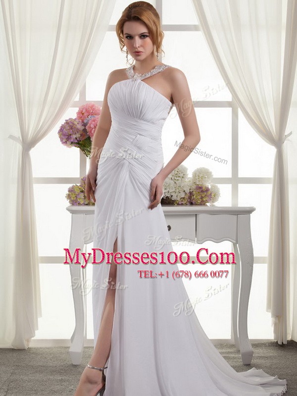 Low Price Straps Sleeveless Wedding Dress Court Train Ruching White Chiffon
