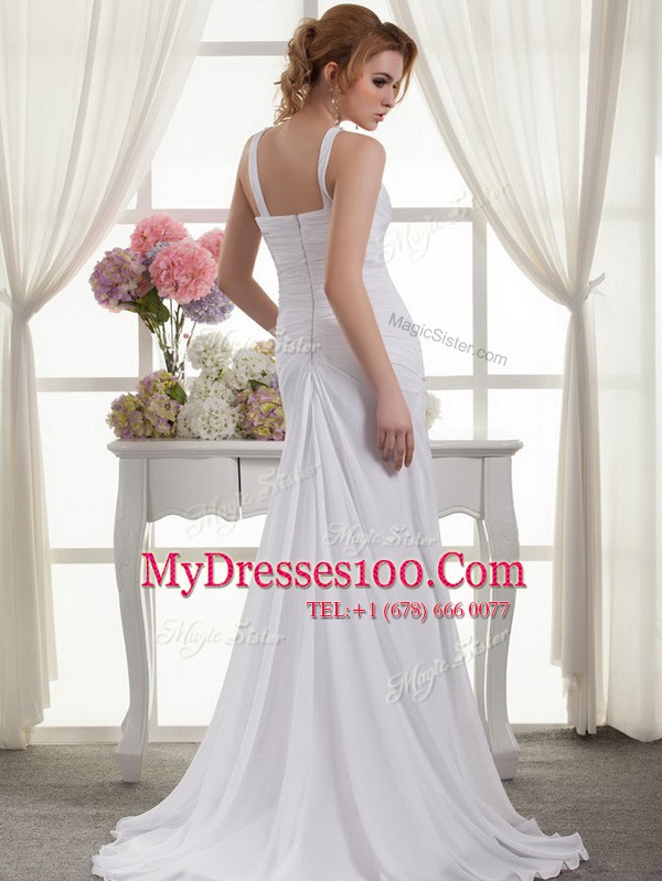 Low Price Straps Sleeveless Wedding Dress Court Train Ruching White Chiffon