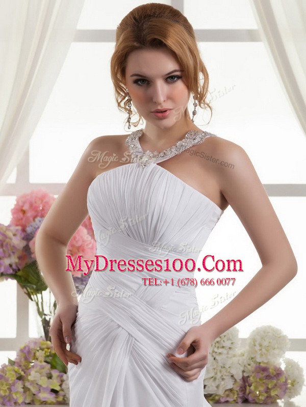 Low Price Straps Sleeveless Wedding Dress Court Train Ruching White Chiffon