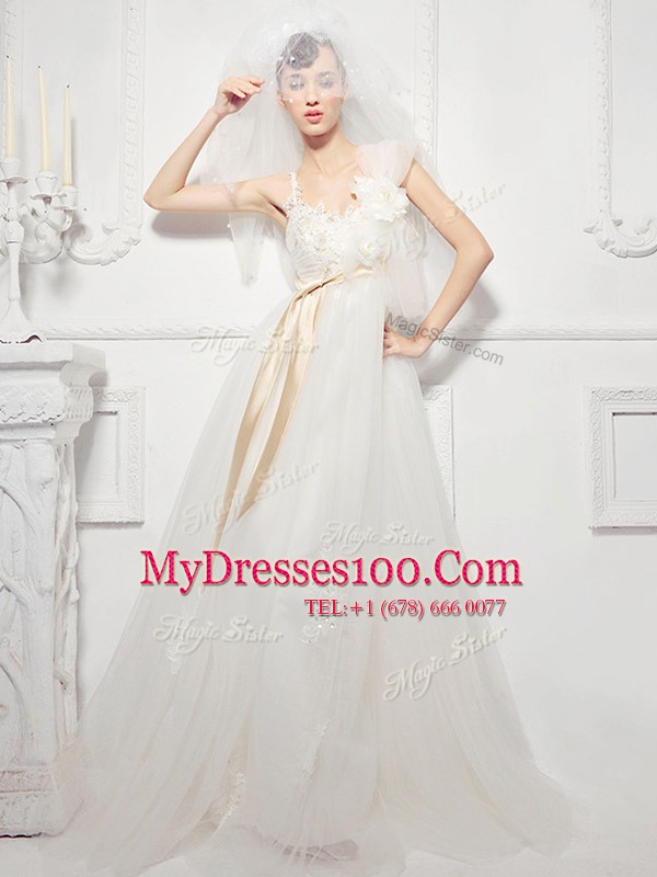 Fashion White Empire Tulle Spaghetti Straps Sleeveless Lace and Appliques and Belt and Hand Made Flower Floor Length Lace Up Bridal Gown