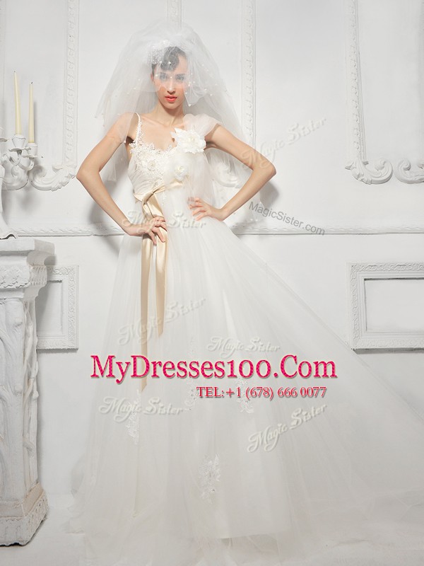 Fashion White Empire Tulle Spaghetti Straps Sleeveless Lace and Appliques and Belt and Hand Made Flower Floor Length Lace Up Bridal Gown