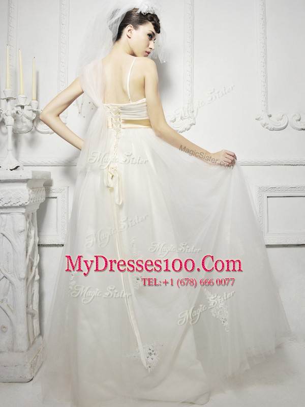 Fashion White Empire Tulle Spaghetti Straps Sleeveless Lace and Appliques and Belt and Hand Made Flower Floor Length Lace Up Bridal Gown
