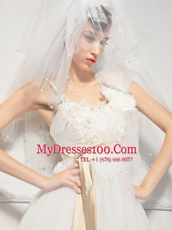Fashion White Empire Tulle Spaghetti Straps Sleeveless Lace and Appliques and Belt and Hand Made Flower Floor Length Lace Up Bridal Gown