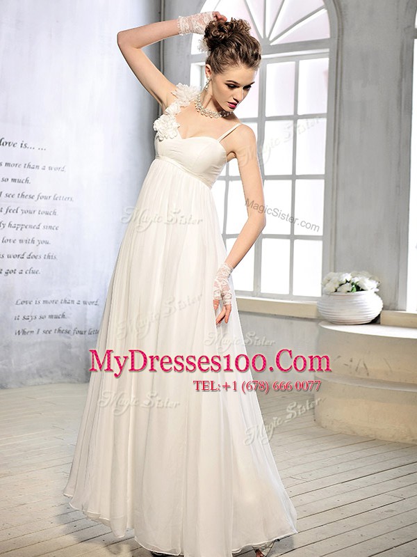Customized Floor Length White Wedding Gowns Asymmetric Sleeveless Lace Up