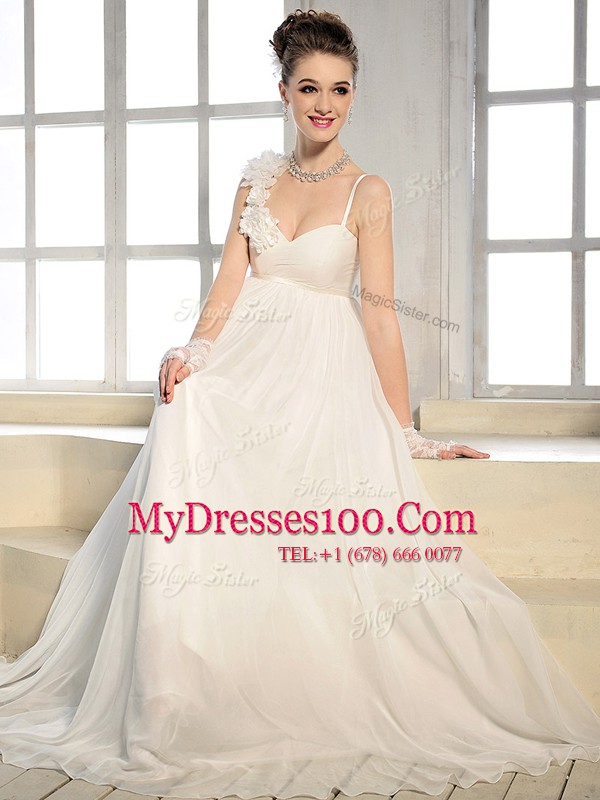 Customized Floor Length White Wedding Gowns Asymmetric Sleeveless Lace Up