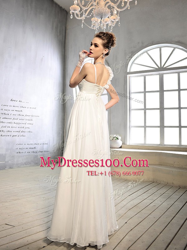 Customized Floor Length White Wedding Gowns Asymmetric Sleeveless Lace Up