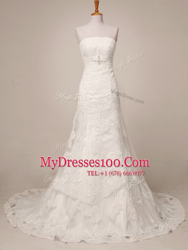 White Bridal Gown Wedding Party and For with Lace Strapless Sleeveless Brush Train Lace Up