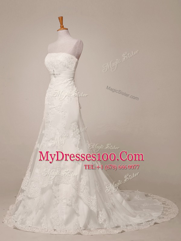 White Bridal Gown Wedding Party and For with Lace Strapless Sleeveless Brush Train Lace Up