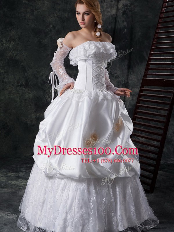 Nice Strapless Sleeveless Taffeta Wedding Gown Lace and Appliques and Pick Ups Lace Up