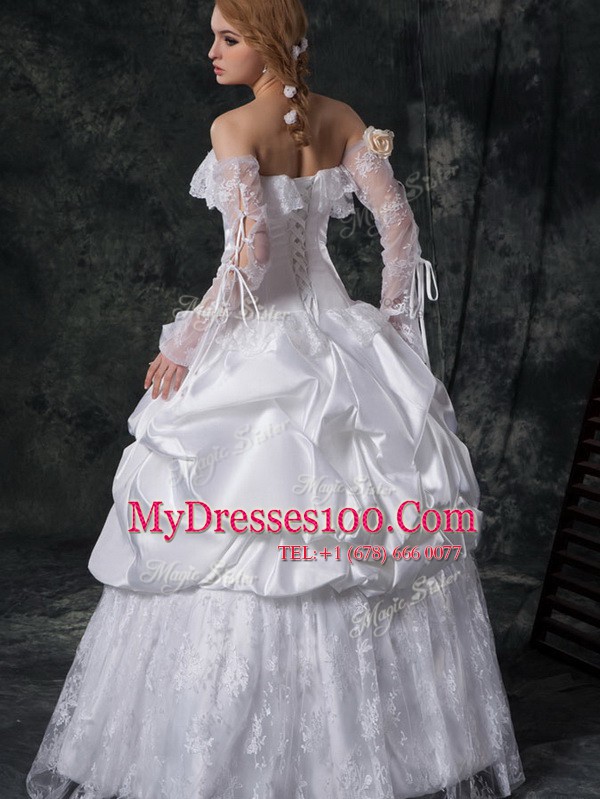 Nice Strapless Sleeveless Taffeta Wedding Gown Lace and Appliques and Pick Ups Lace Up
