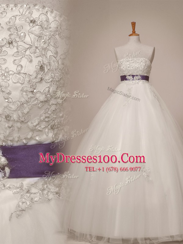 White Sleeveless Tulle Lace Up Wedding Gown for Wedding Party