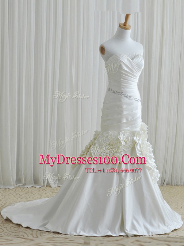 Luxurious White Mermaid Taffeta Sweetheart Sleeveless Ruching and Hand Made Flower Floor Length Zipper Wedding Gown Brush Train