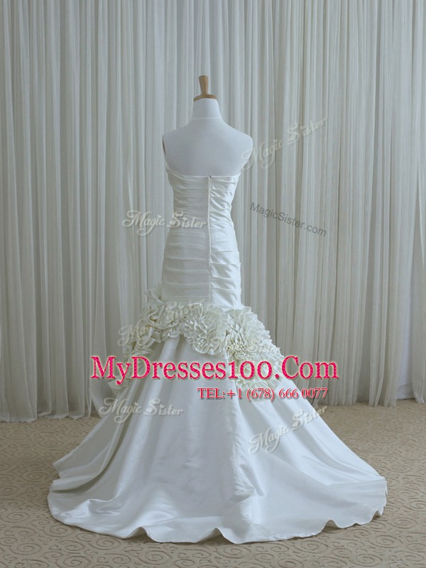 Luxurious White Mermaid Taffeta Sweetheart Sleeveless Ruching and Hand Made Flower Floor Length Zipper Wedding Gown Brush Train