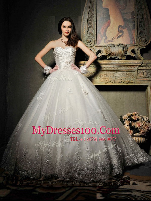 Enchanting Floor Length Lace Up Wedding Gown White for Wedding Party with Lace and Appliques and Ruching