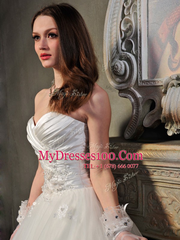 Enchanting Floor Length Lace Up Wedding Gown White for Wedding Party with Lace and Appliques and Ruching