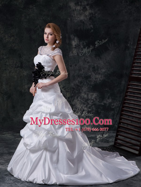 White High-neck Lace Up Beading and Ruching and Pick Ups and Hand Made Flower Wedding Gowns Brush Train Cap Sleeves
