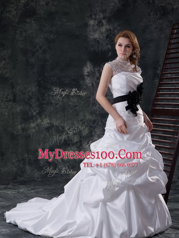 White High-neck Lace Up Beading and Ruching and Pick Ups and Hand Made Flower Wedding Gowns Brush Train Cap Sleeves