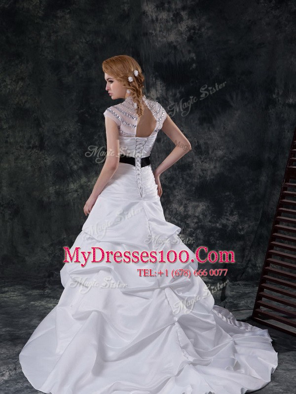 White High-neck Lace Up Beading and Ruching and Pick Ups and Hand Made Flower Wedding Gowns Brush Train Cap Sleeves
