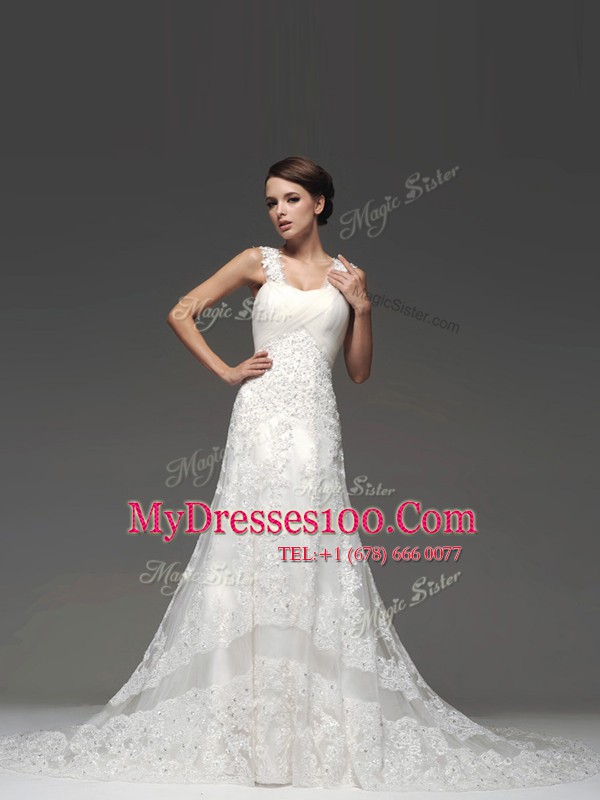Sophisticated Lace Sleeveless Wedding Dress Brush Train and Lace and Appliques