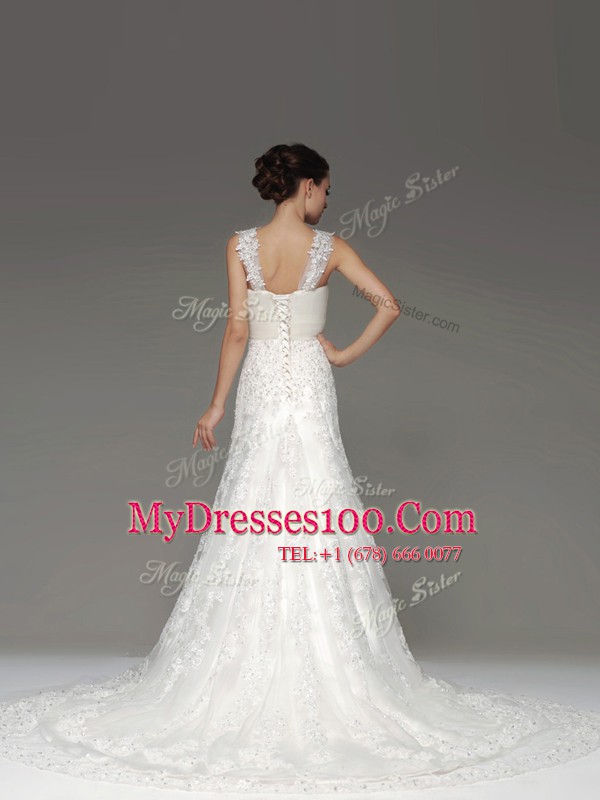 Sophisticated Lace Sleeveless Wedding Dress Brush Train and Lace and Appliques
