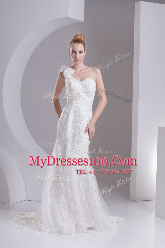 Mermaid One Shoulder Sleeveless Brush Train Zipper Lace and Appliques Wedding Gown