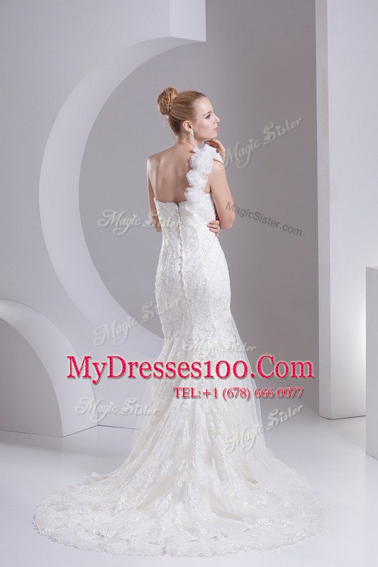 Mermaid One Shoulder Sleeveless Brush Train Zipper Lace and Appliques Wedding Gown