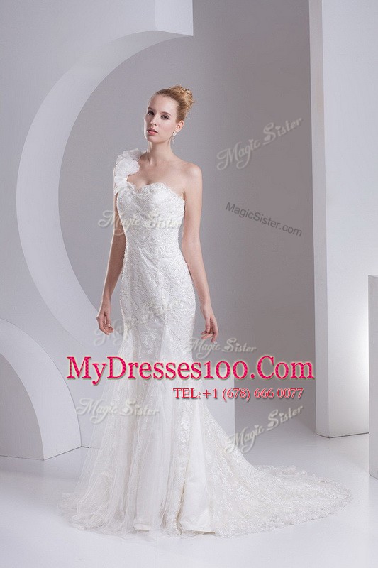 Mermaid One Shoulder Sleeveless Brush Train Zipper Lace and Appliques Wedding Gown