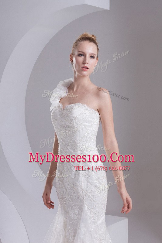 Mermaid One Shoulder Sleeveless Brush Train Zipper Lace and Appliques Wedding Gown