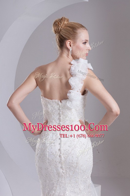 Mermaid One Shoulder Sleeveless Brush Train Zipper Lace and Appliques Wedding Gown