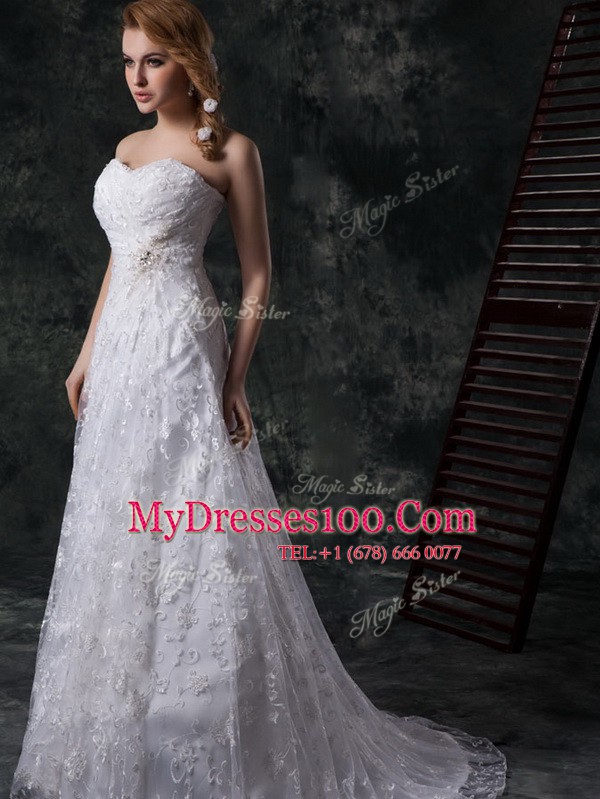 Fitting White Sleeveless Sweep Train Beading and Lace Wedding Gown