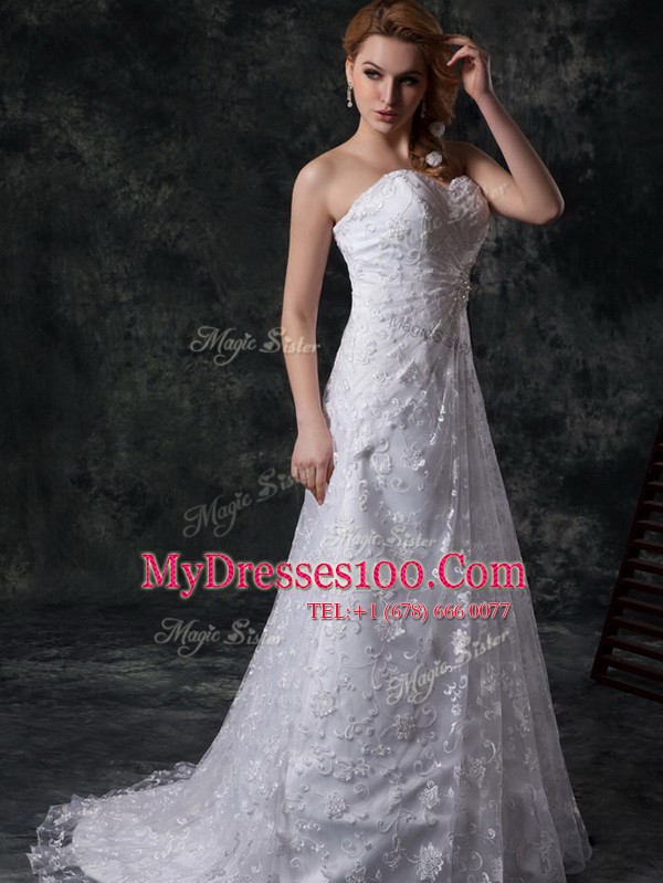 Fitting White Sleeveless Sweep Train Beading and Lace Wedding Gown