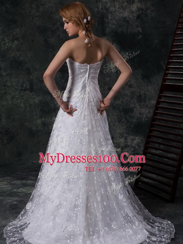 Fitting White Sleeveless Sweep Train Beading and Lace Wedding Gown