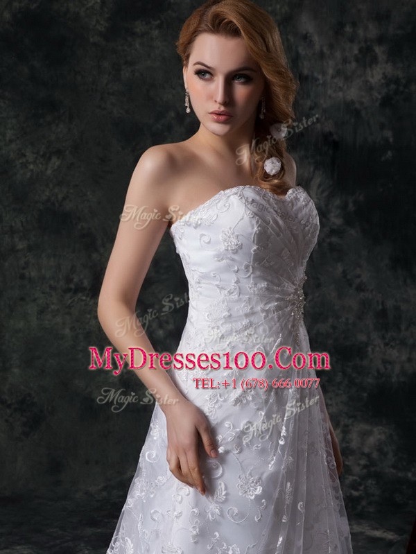 Fitting White Sleeveless Sweep Train Beading and Lace Wedding Gown
