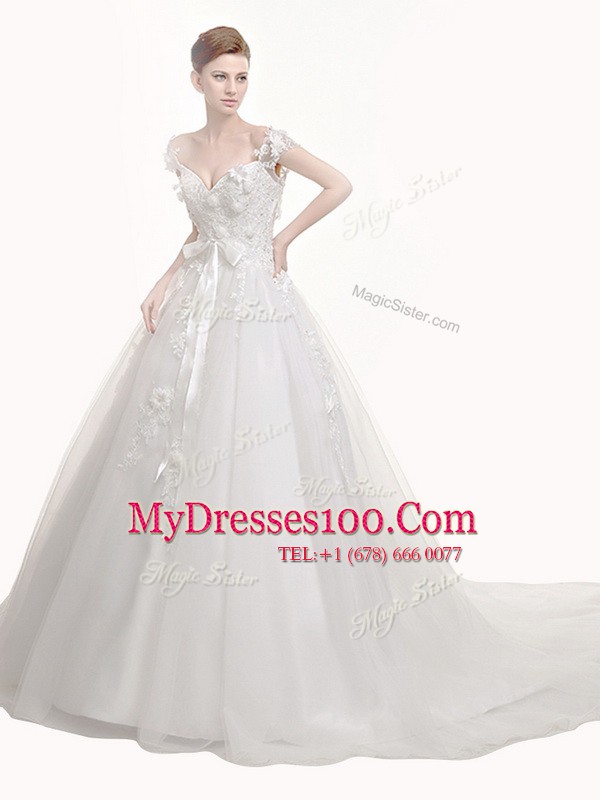 With Train White Wedding Dress Tulle Chapel Train Sleeveless Appliques and Sashes ribbons