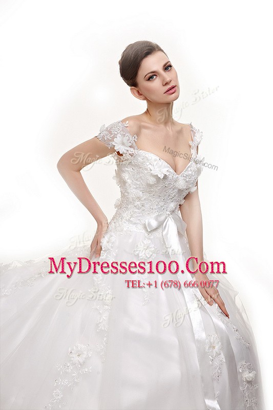 With Train White Wedding Dress Tulle Chapel Train Sleeveless Appliques and Sashes ribbons