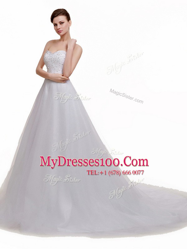 Enchanting Court Train A-line Wedding Dresses White Sweetheart Tulle Sleeveless With Train Lace Up