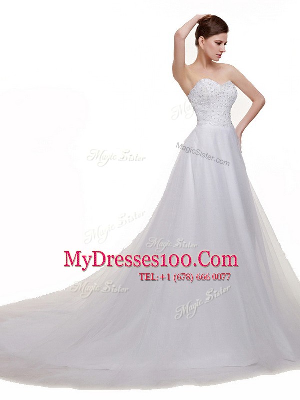 Enchanting Court Train A-line Wedding Dresses White Sweetheart Tulle Sleeveless With Train Lace Up