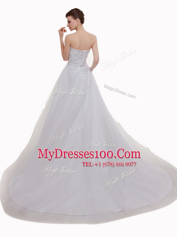 Enchanting Court Train A-line Wedding Dresses White Sweetheart Tulle Sleeveless With Train Lace Up