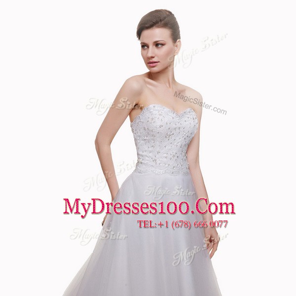 Enchanting Court Train A-line Wedding Dresses White Sweetheart Tulle Sleeveless With Train Lace Up