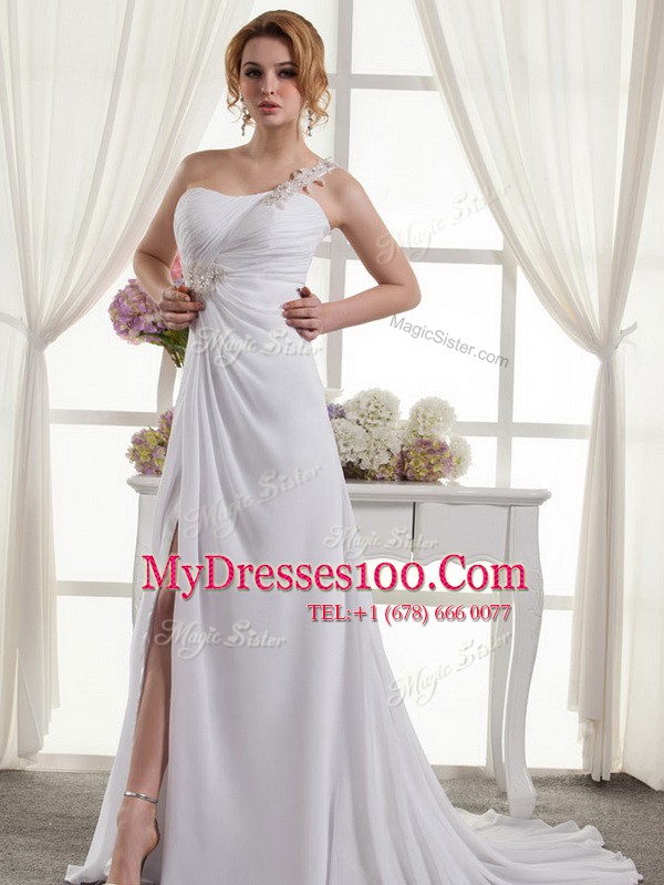 Most Popular One Shoulder Chiffon Sleeveless Wedding Dresses and Beading and Ruching