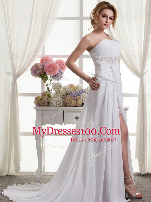Most Popular One Shoulder Chiffon Sleeveless Wedding Dresses and Beading and Ruching