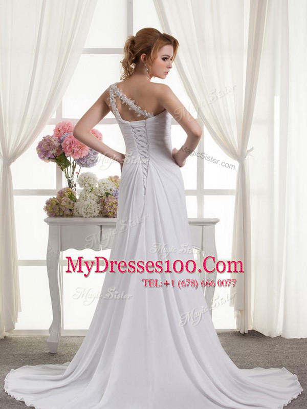 Most Popular One Shoulder Chiffon Sleeveless Wedding Dresses and Beading and Ruching