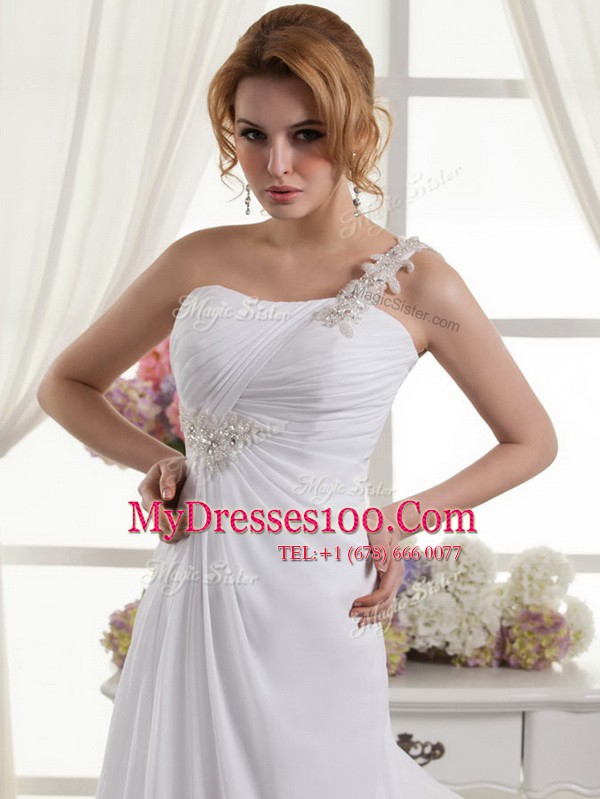 Most Popular One Shoulder Chiffon Sleeveless Wedding Dresses and Beading and Ruching