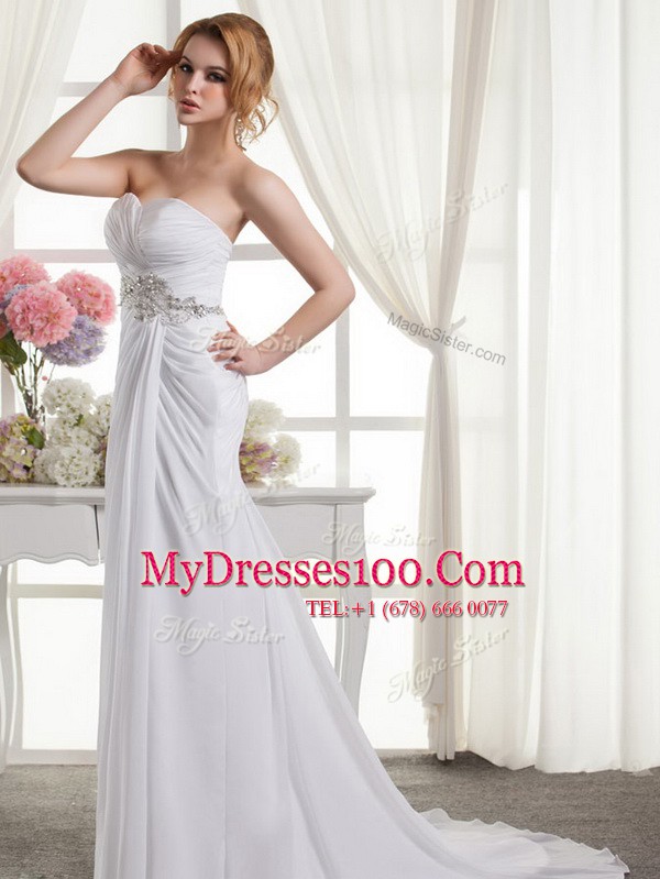 White A-line Sweetheart Sleeveless Chiffon Sweep Train Lace Up Beading and Ruching Wedding Dresses
