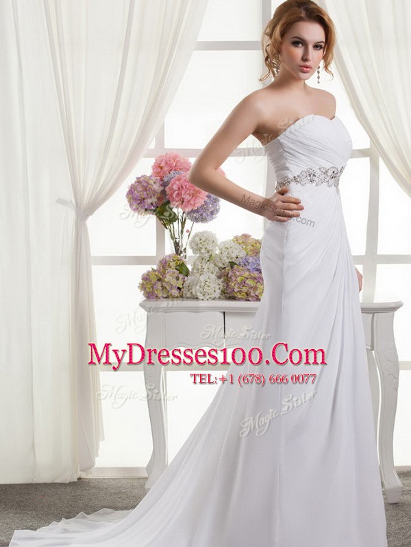 White A-line Sweetheart Sleeveless Chiffon Sweep Train Lace Up Beading and Ruching Wedding Dresses